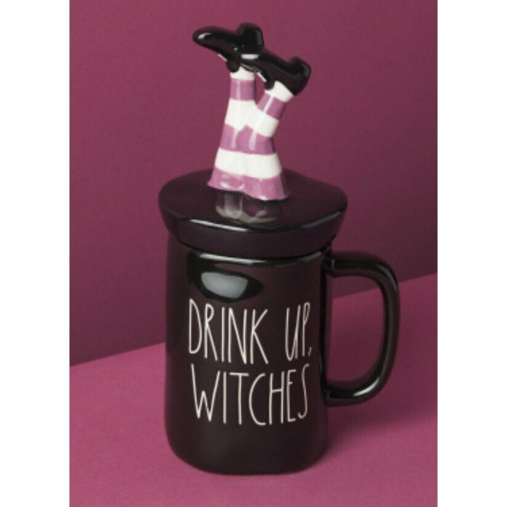 Rae Dunn‎ Mug DRINK UP WITCHES Witch Legs Figural Topper Lid Black Halloween